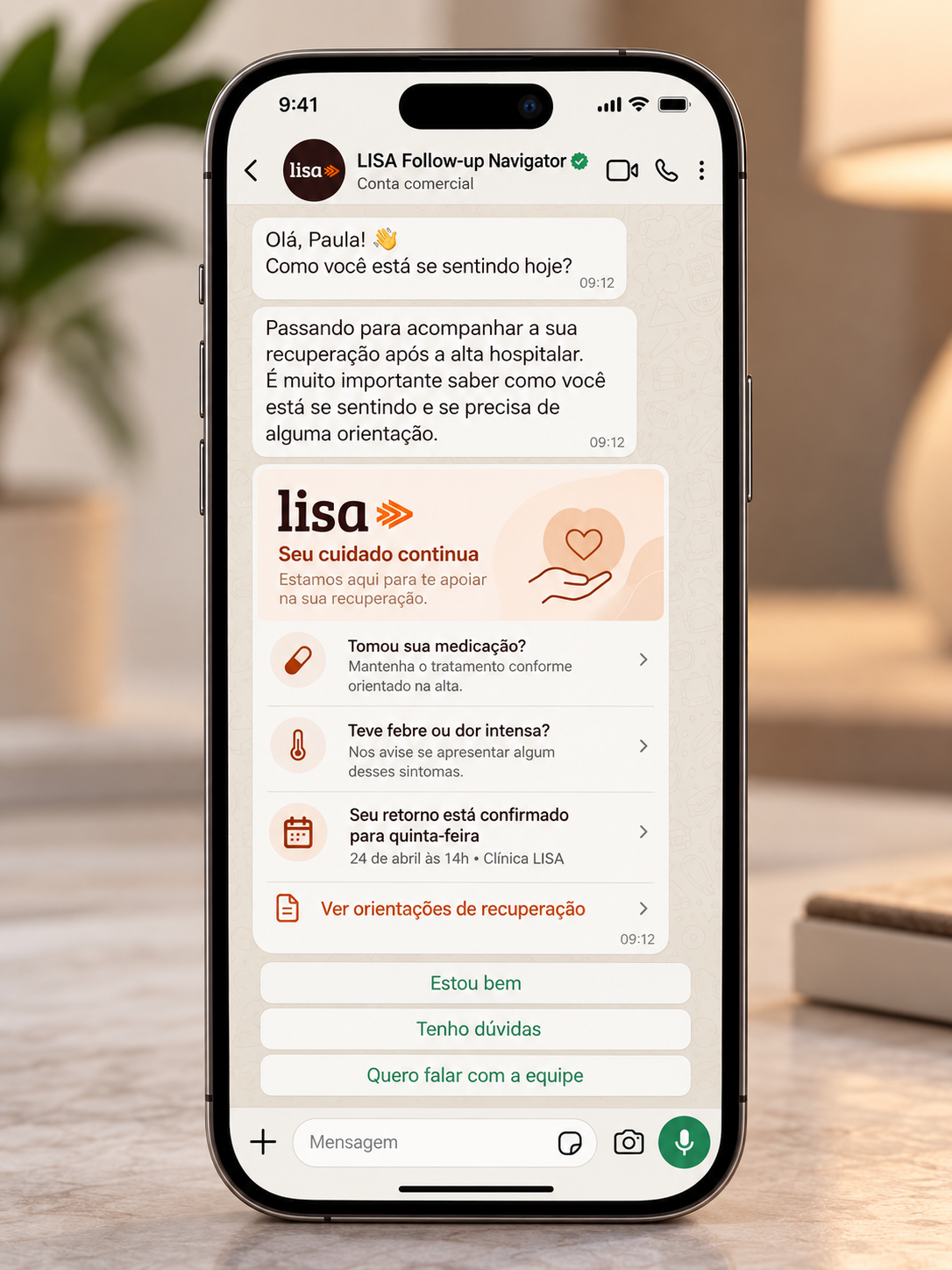 LISA Follow-up Navigator on WhatsApp showing a post-discharge check-in, medication prompt, symptom escalation and confirmed appointment