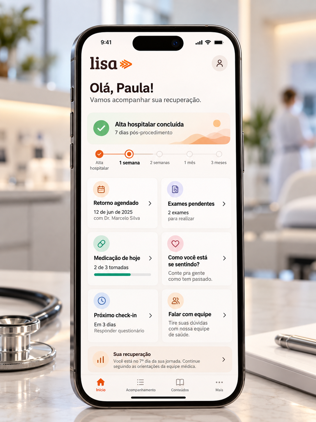 LISA recovery companion app showing a patient follow-up timeline, appointments, pending exams, medication and care-team contact
