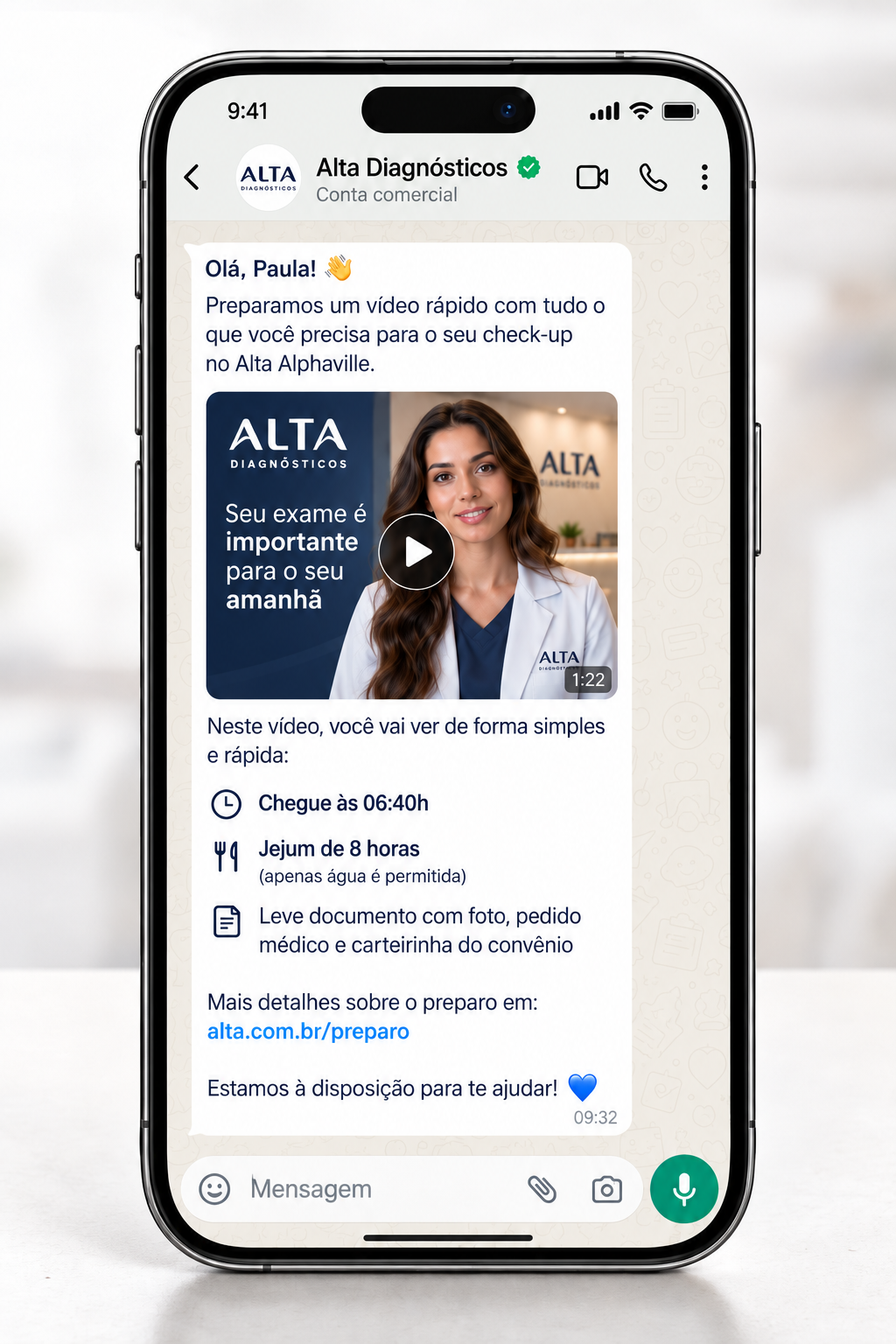 Illustrative WhatsApp message interface with video and exam preparation guidance.
